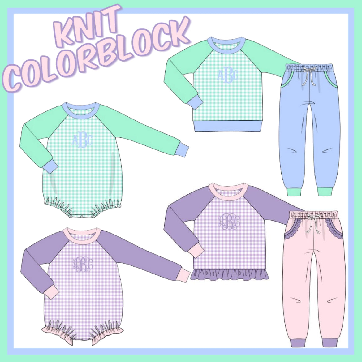 PO 92 KNIT COLORBLOCK SETS INCLUDES 1 OR 3 INITAL MONOGRAM.
