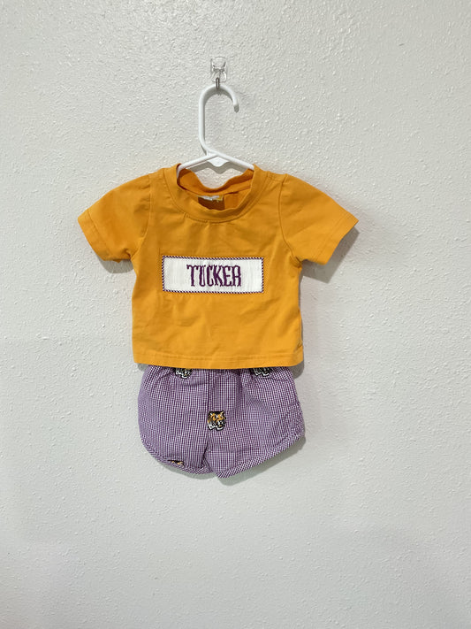 Purple & Gold Short Sleeve Tiger Short Set - TUCKER name smock