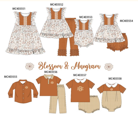 Brown floral print ruffle monogram collection