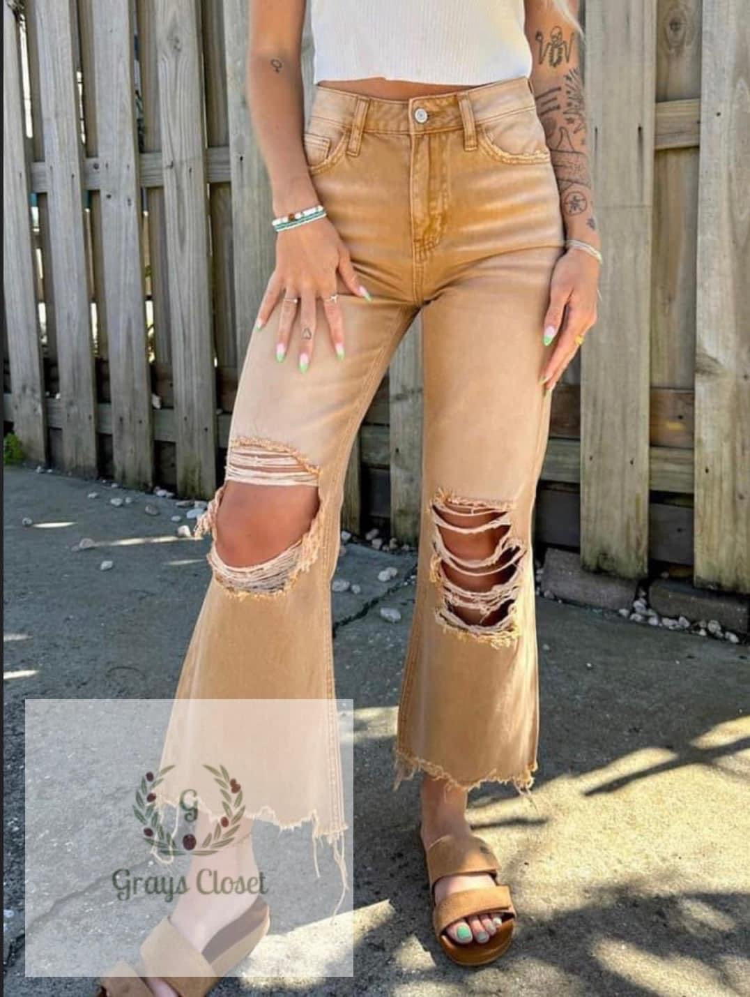 Fall Ripped Jeans- Khaki